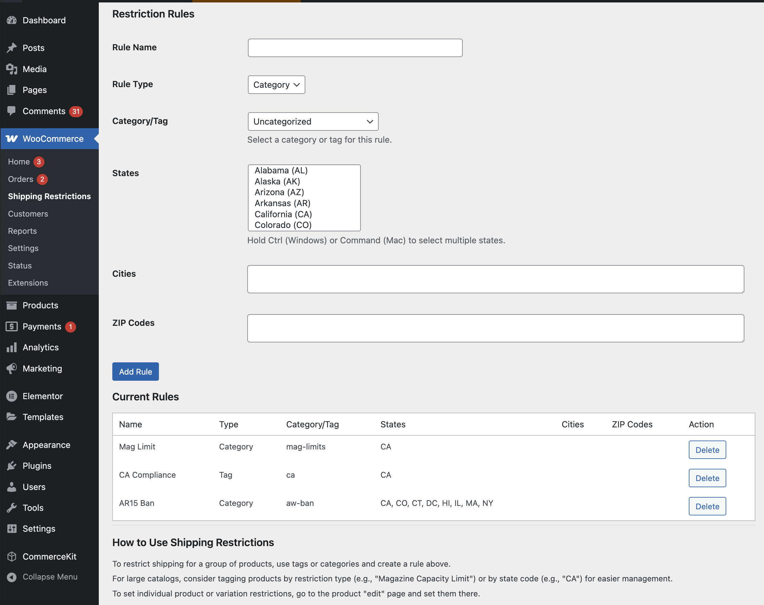 Ship Restrict plugin settings screen listing shipping restriction rules in WooCommerce