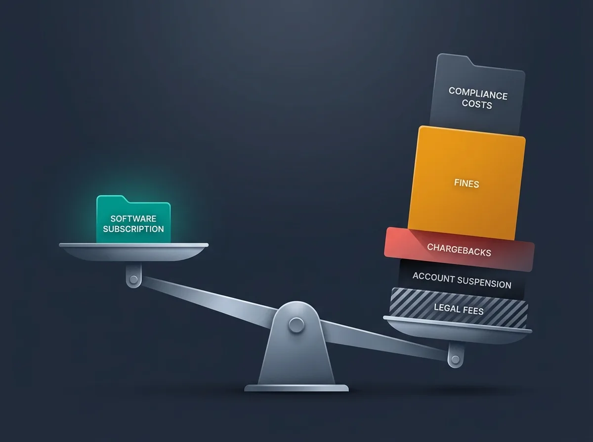 Balance scale showing small software cost versus heavy compliance failure penalties