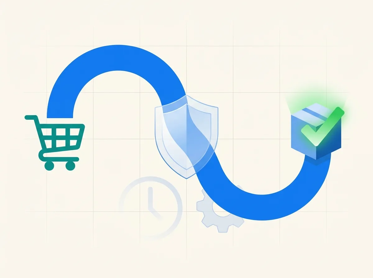Illustrated checkout flow showing seamless compliance verification during ecommerce purchase