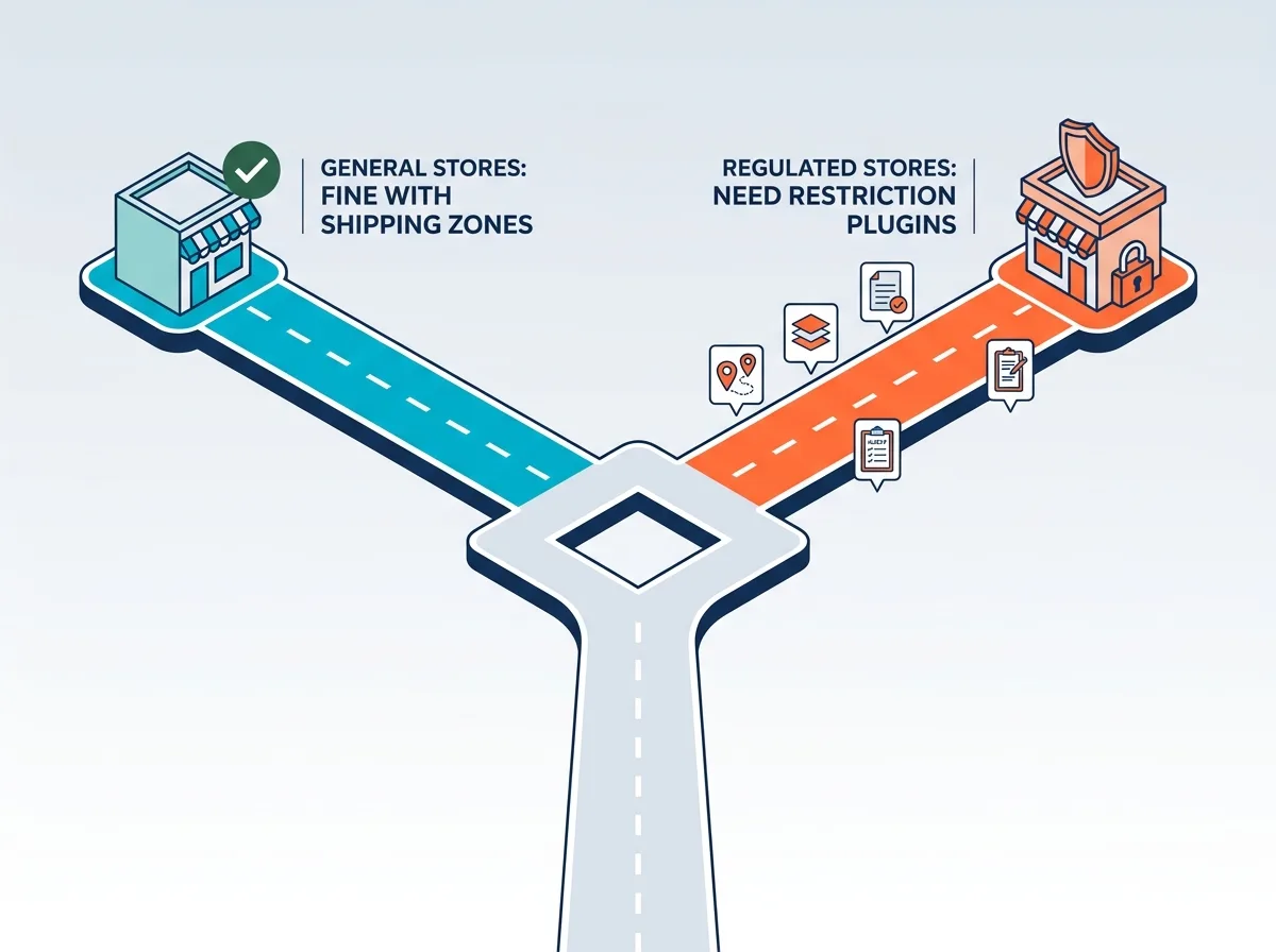 Decision pathway illustration showing when to choose shipping zones versus restriction plugins