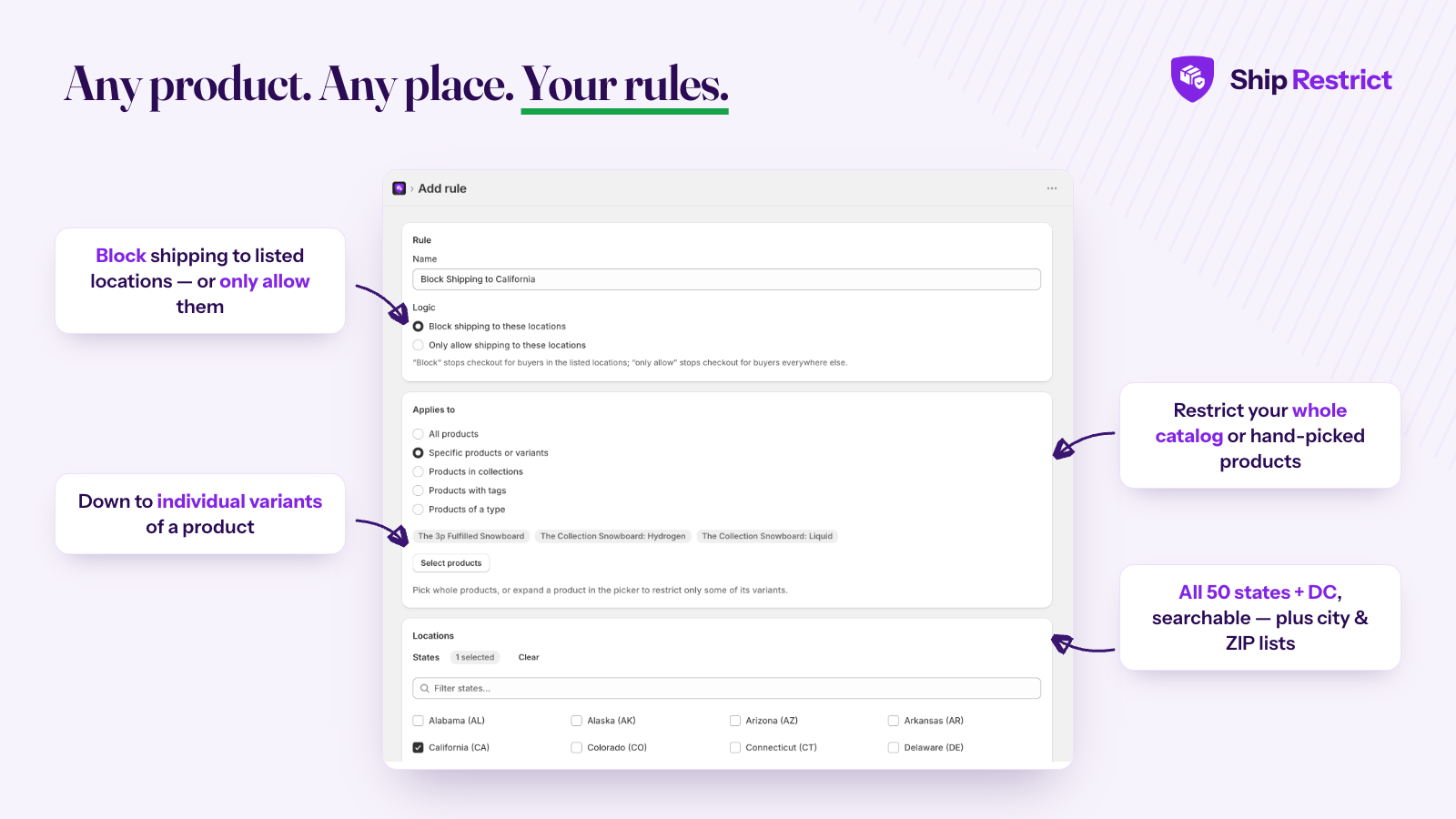 Shopify shipping restriction rule builder with state, city, and ZIP code targeting