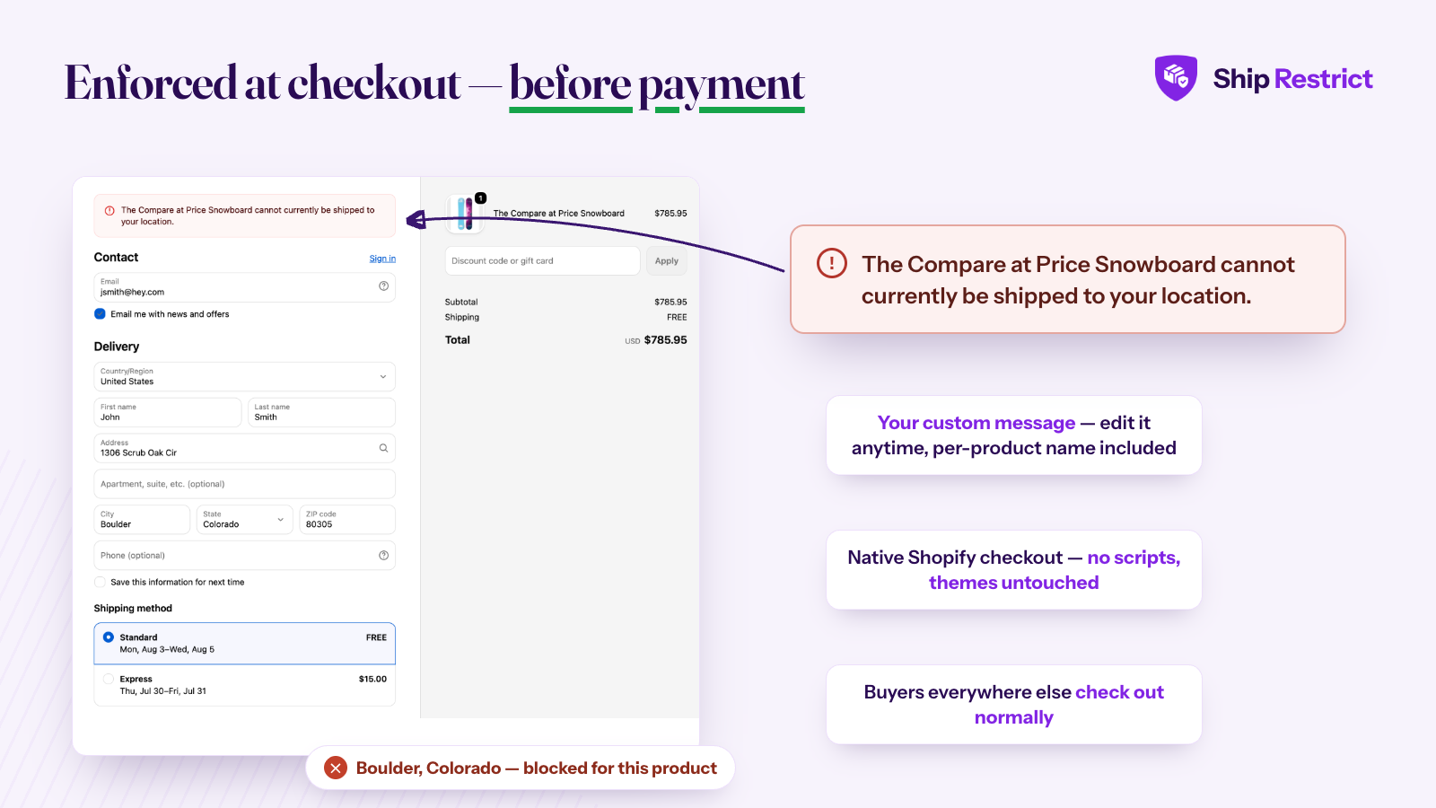 Shopify checkout blocked before payment with a custom shipping restriction message
