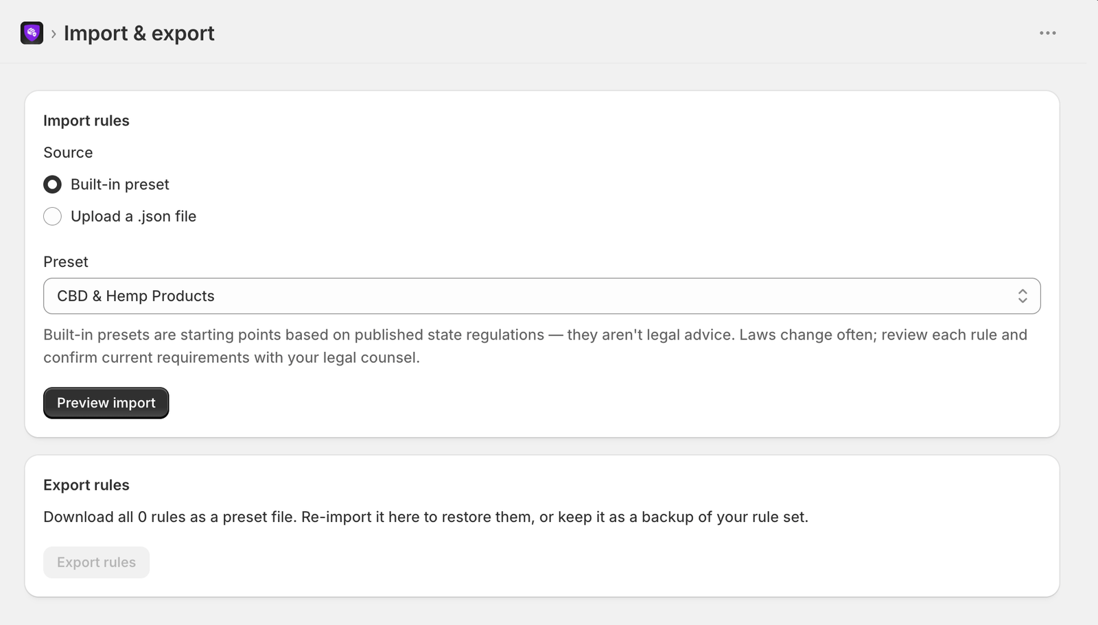 Import and export screen in the Ship Restrict Shopify app, with a built-in preset selected