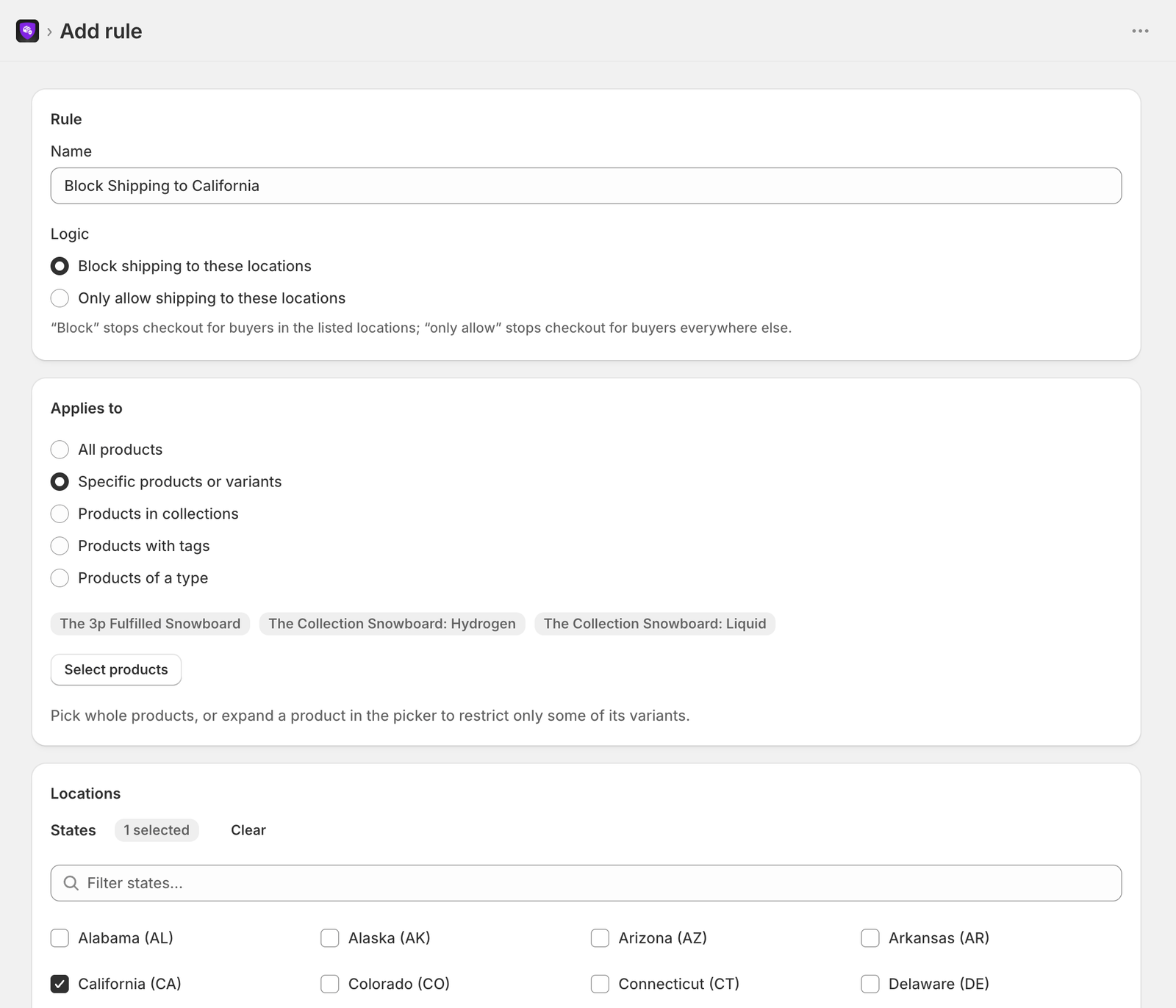 Shopify shipping restriction rule builder with state, city, and ZIP code targeting