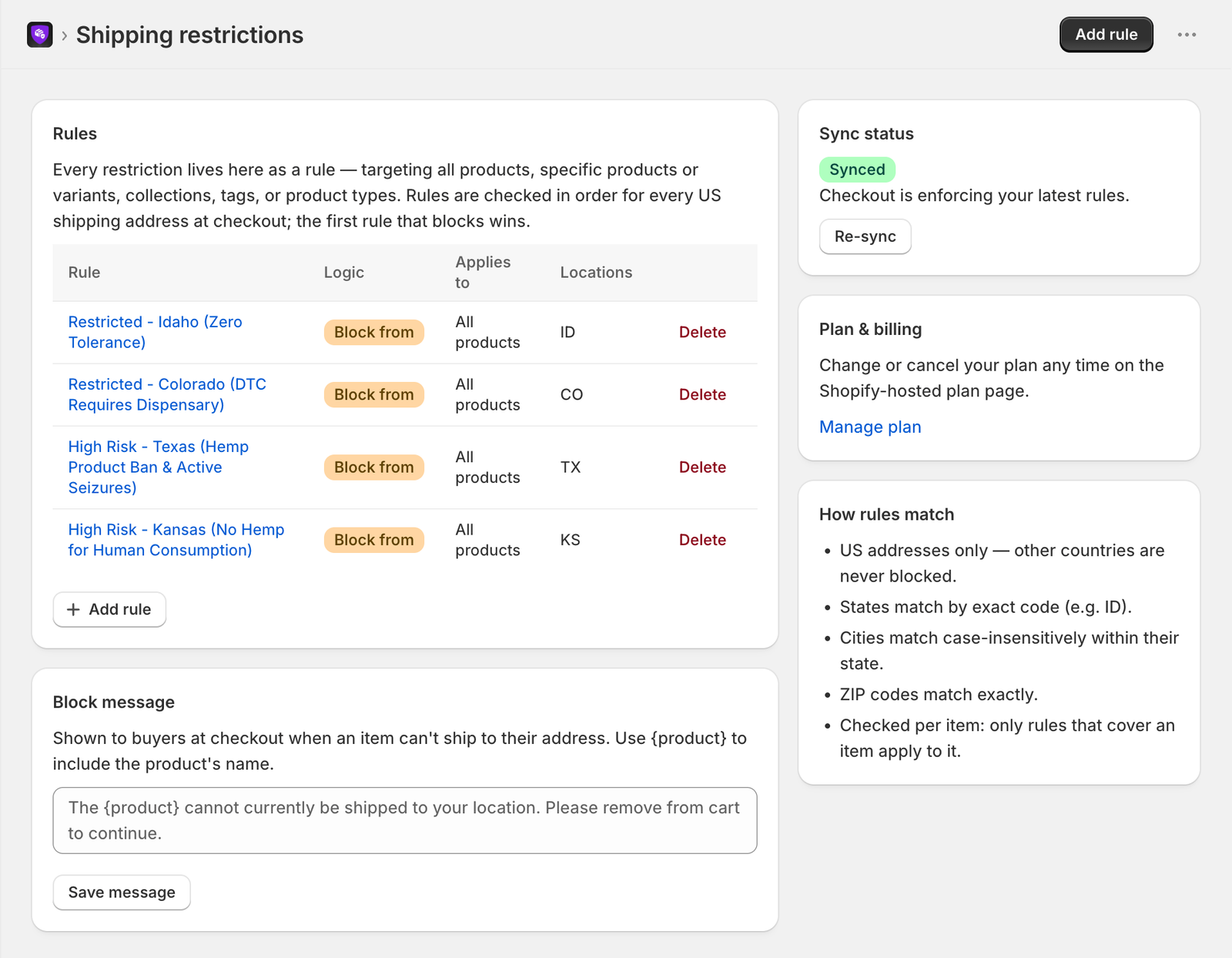Ship Restrict Shopify app dashboard listing shipping restriction rules with sync status